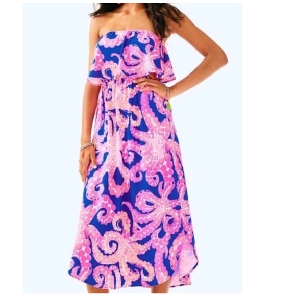 Lilly Pulitzer Dresses & Skirts - Lilly Pulitzer Meridian Strapless Midi Dress Ikat Blue Pink Small